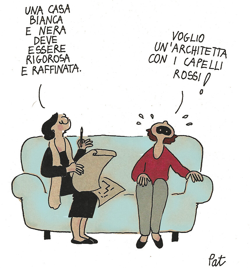 vignetta: due donne sul divano. quella vestita di nero con capelli neri dice 